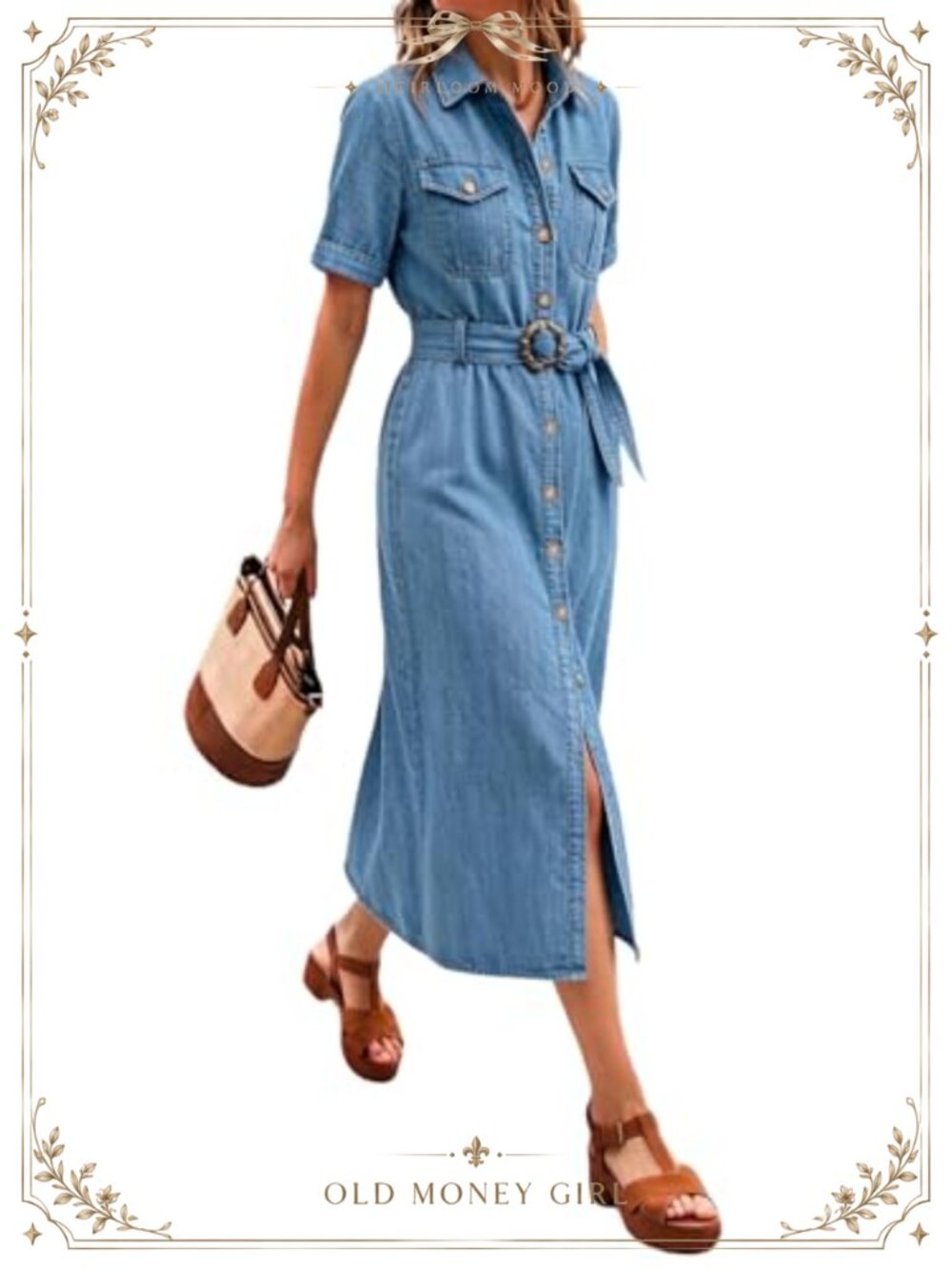 Denim Shirt Dress Short Sleeve Collared Button Down Midi with Belt